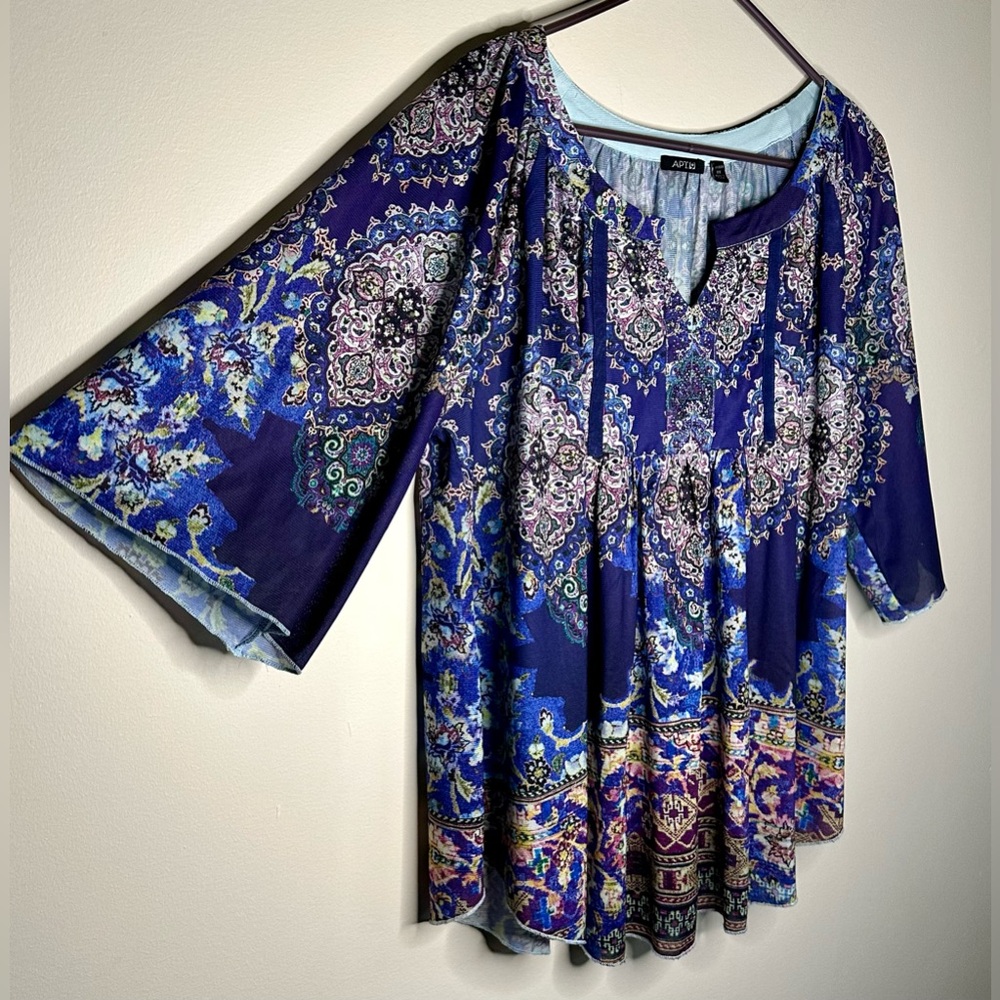 Apt 9 Boho Beaded Print Blouse Women’s 0X – Blue Purple Paisley Top - Picture 3 of 6